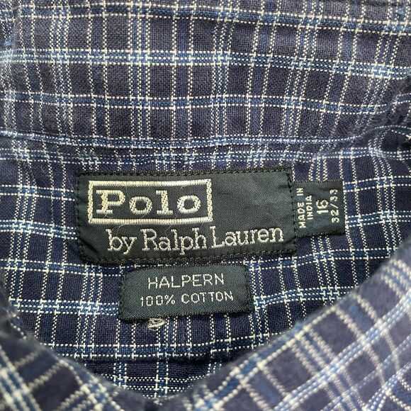 Polo By Ralph Lauren Halpern Button Down Shirt Mens 16 32/33 Blue Plaid Cotton - Picture 7 of 14